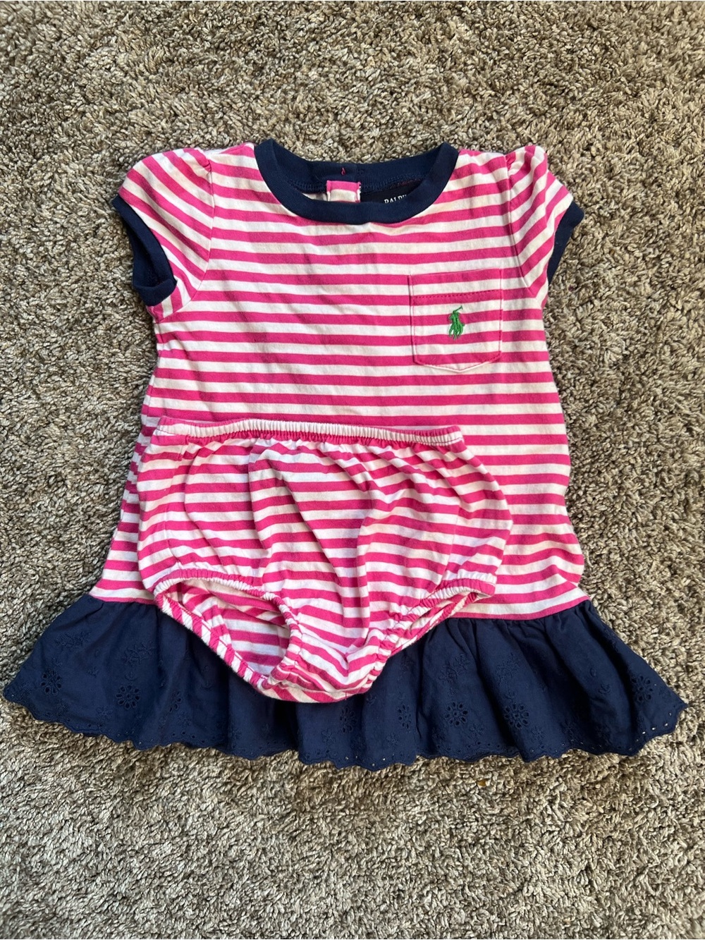 Ralph Lauren Pink White Striped Dress with Navy Eyelet Hem